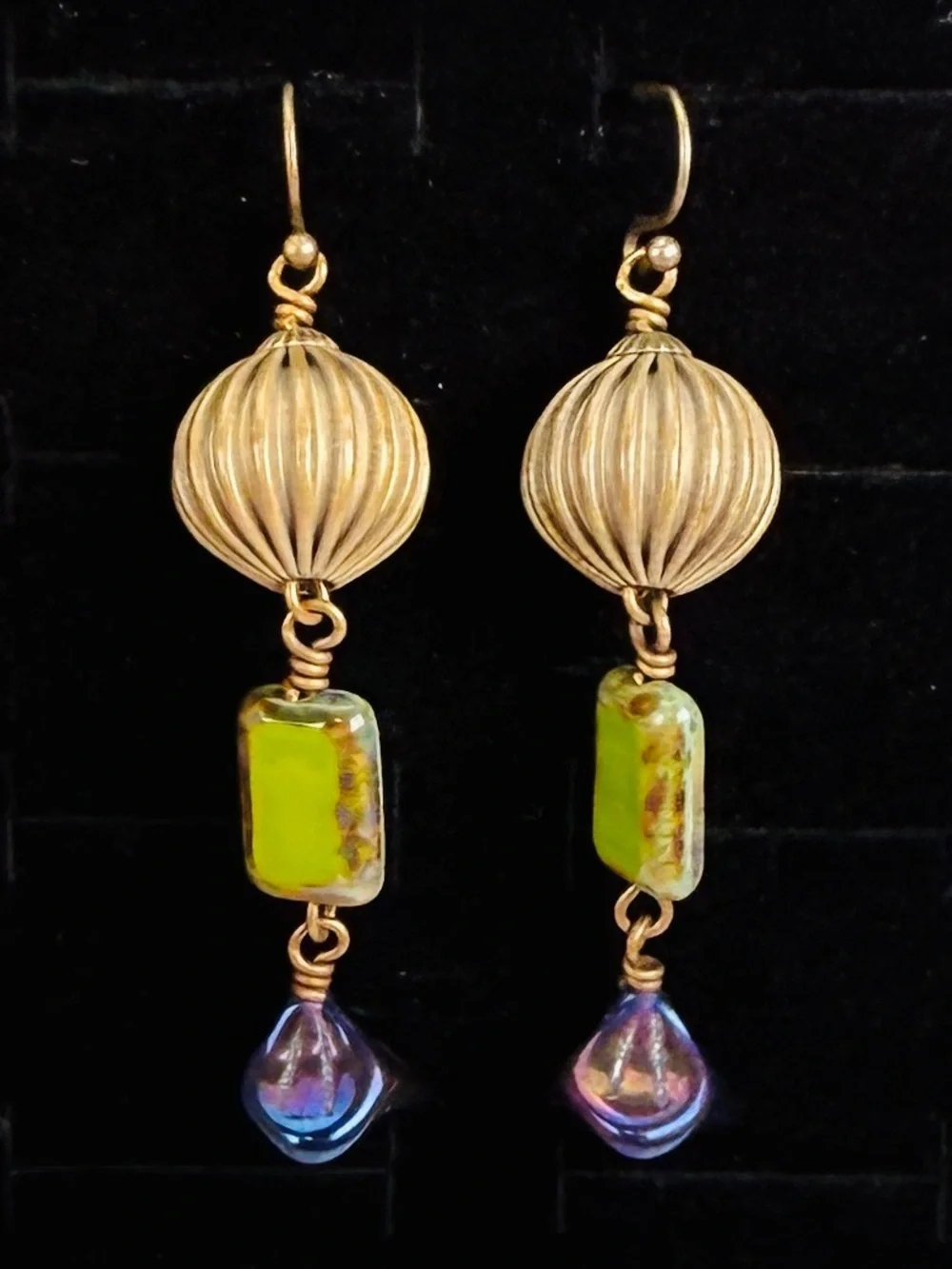 Vintage bronzetone, long Bohemian chic costume pierced earrings